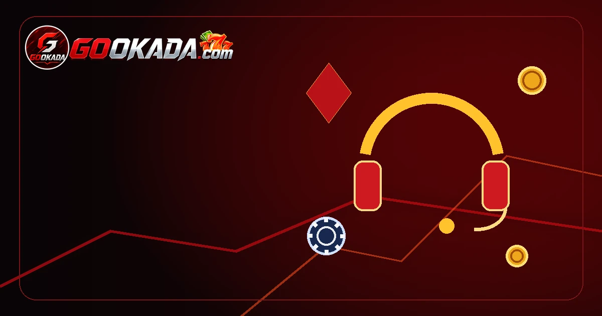 Red, black and gold gookada support artwork with a headset